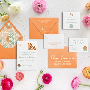Marta set - Retro huwelijksuitnodigingsset - 6 stuks + hoofdenvelop en RSVP-envelop adressering