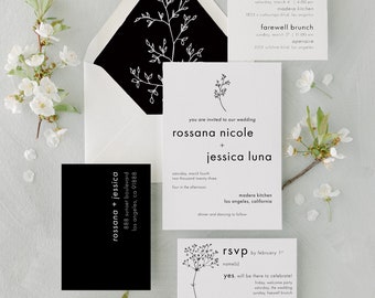 Margherita set - Botanicals modern wedding invitation set - 6 pieces + main envelope and RSVP envelope addressing