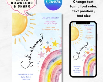 Watercolor Rainbow Birthday Party Invitation Template, Colorful Party Invite, Girls Party Invites, Digital E-Invite, Editable Canva Template