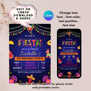 Editable Fiesta Birthday Party Invitation,Taco theme, Fiesta Invitation, Mexican Theme Invitation, Cinco De Mayo, Canva, Phone + 5x7 inches