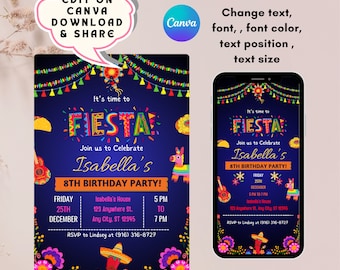 Editable Fiesta Birthday Party Invitation,Taco theme, Fiesta Invitation, Mexican Theme Invitation, Cinco De Mayo, Canva, Phone + 5x7 inches