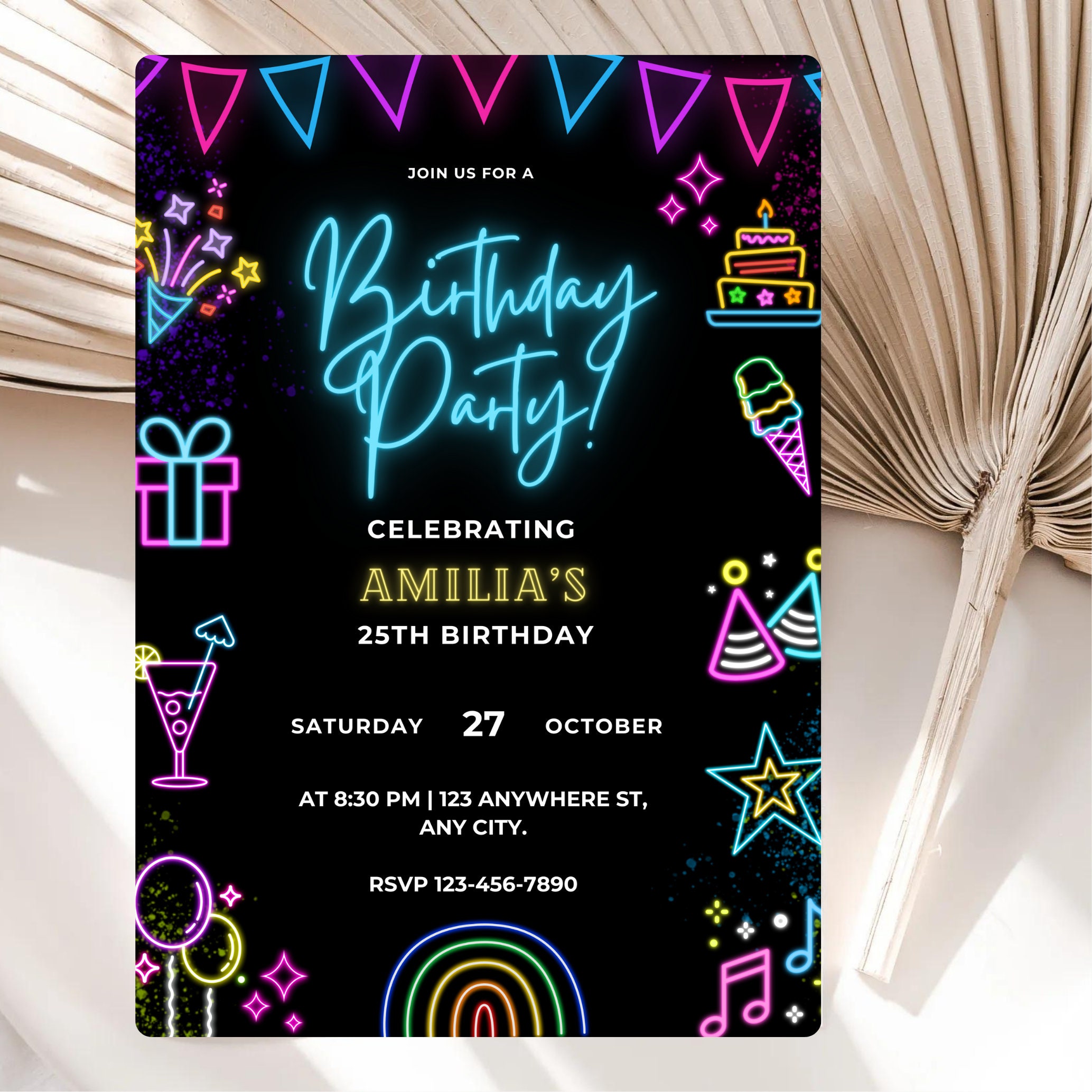 Editable Glow Birthday Party Invitation Neon Birthday Invitation ...