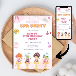 Editable Spa Party Invitation, Printable + Digital phone invite, Spa Birthday Invites, Instant Download Makeup Party Invitations, canva