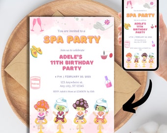May include: Pink and yellow spa party invitation with a cartoon illustration of four girls getting facials. The invitation includes the text "You are invited to a SPA PARTY" and "Join us to celebrate ADELE'S 11TH BIRTHDAY PARTY".