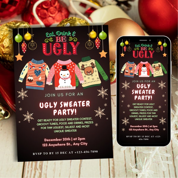 Editable Ugly Sweater Party Invitation Rustic Christmas Ugly Sweater Invitation Eat Drink And Be Ugly Sweater Party Invite Instant Download