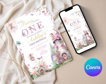 Fairy First Birthday Invitation, Fairy Invitation, Girls First Birthday Fairy Invitation, 1st Birthday Girl, Fairy Party Invitation, canva