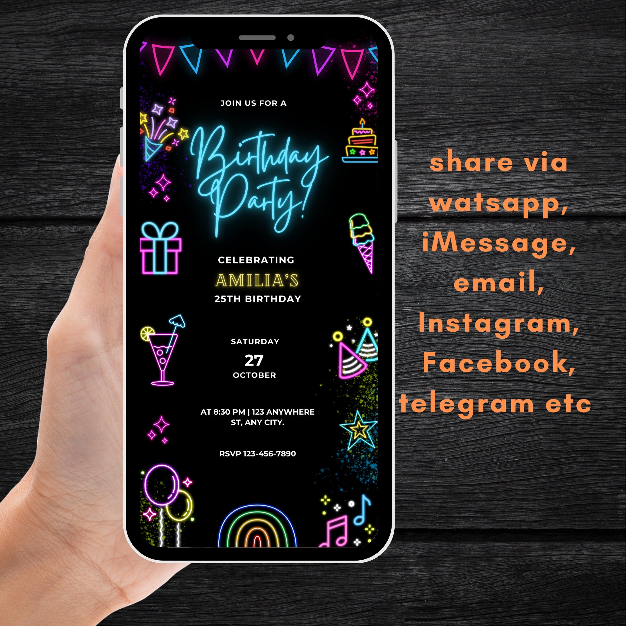 Invite Theme Editable Glow Birthday Party Invitation - Neon Birthday Invitation ...
