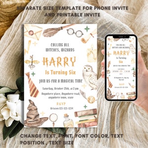 May include: A printable Harry Potter themed birthday invitation with a watercolour illustration of a wizard's hat, glasses, a wand, a book, a potion bottle, a tie, and an owl. The invitation says "Calling all witches, wizards Harry is turning six. Join us for a magical time Saturday, October 25th, at 2 pm. Anywhere place, Anywhere road, anywhere town, state. RSVP Kristen 123-123-1234".