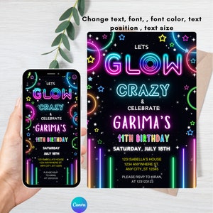 Invitación de cumpleaños de Glow Crazy Party, invitación de Glow, niña, niño, invitación de fiesta de neón, luces de neón, plantilla de fiesta de Glow, Canva editable