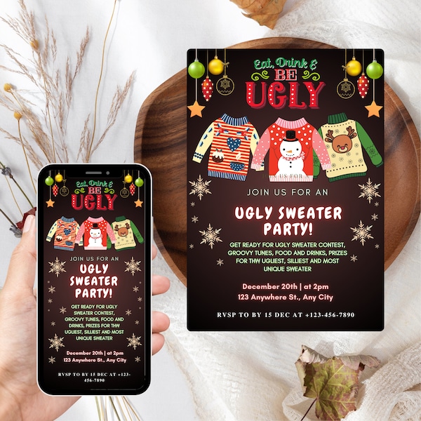 Editable Ugly Christmas Sweater Party Invitation, Ugly Sweater Christmas Party, Instant Download