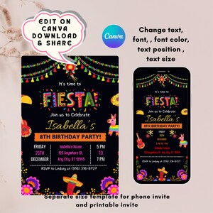 Editable Fiesta Birthday Party Invitation,Taco theme, Fiesta Invitation, Mexican Theme Invitation, Cinco De Mayo, Canva, Phone + 5x7 inches