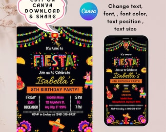 Editable Fiesta Birthday Party Invitation,Taco theme, Fiesta Invitation, Mexican Theme Invitation, Cinco De Mayo, Canva, Phone + 5x7 inches