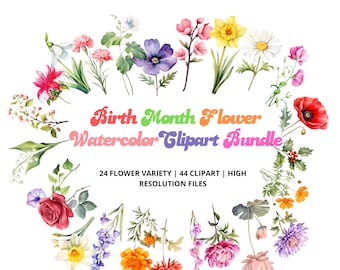 Mes de nacimiento flores clipart paquete uso comercial acuarela nacimiento flor diseño digital paquete PNG archivos descargables clipart acuarela