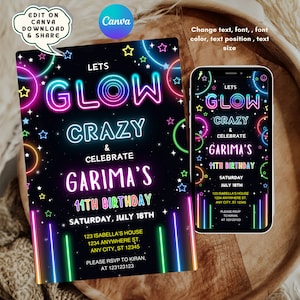 Glow Crazy Party Birthday Invitation, Glow Invitation, Girl, Boy, Neon Party Invite, Neon Lights, Glow Party Template, Editable Canva