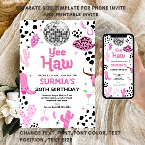 Editable Space Cowgirl Party Invitation  printable + digital Pink Disco Party Nashville Rodeo Birthday Party Any Age Party phone invite
