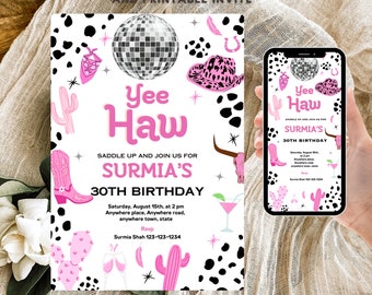 Editable Space Cowgirl Party Invitation  printable + digital Pink Disco Party Nashville Rodeo Birthday Party Any Age Party phone invite