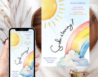 Watercolor Rainbow Birthday Party Invitation Template, Colorful Party Invite, Girls Party Invites, Digital E-Invite, Editable Canva Template