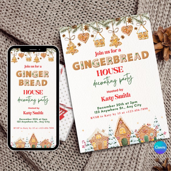 Gingerbread House Decorating Party Invitation, Digital Invite Holiday Party, Instant Editable Template, Christmas, Evite Mobile Text