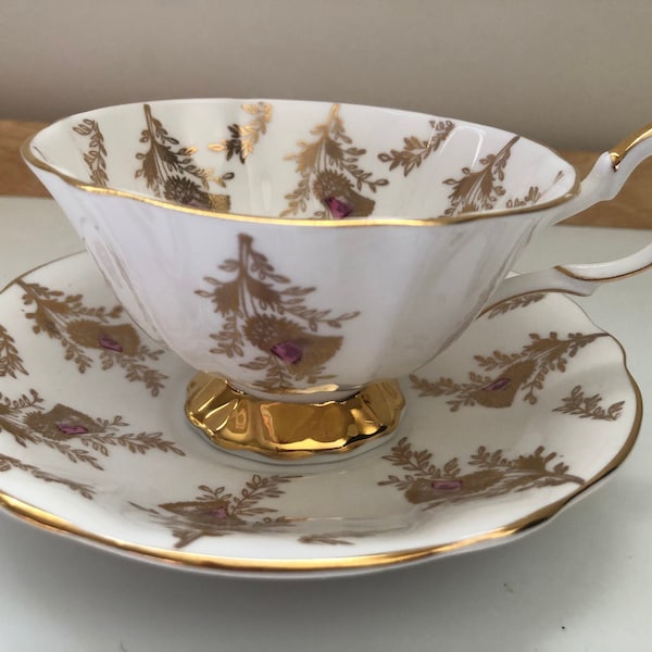 Queen Ann Footed Cup & Saucer Set. Pattern 5748. Bone china. Made in England. Vintage in 1960s. Gift for her.