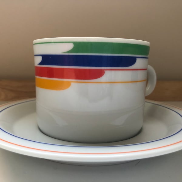 Studio Nova Primary Gallery Hi Fi Flat Cup & Saucer,  Rainbow Primary Stripes. 1980s. Great Gift.