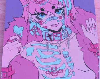 May include: A digital illustration print featuring a character with pink hair, blue eyes, and a bandage on their nose. The character wears a pink fur-trimmed coat, a spiked collar, and a corset with heart-shaped buckles over a blue ribcage design.