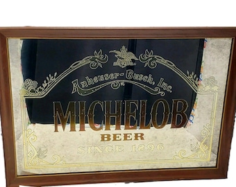 Michelob Beer Mirror Sign Wood Frame Anheuser Busch Beeco Bar Decor 26x18 inche