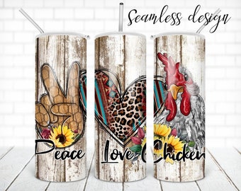 Peace Love Chicken tumbler,20 ounce skinny tumbler with plastic lid and reusable straw, chicken tumbler