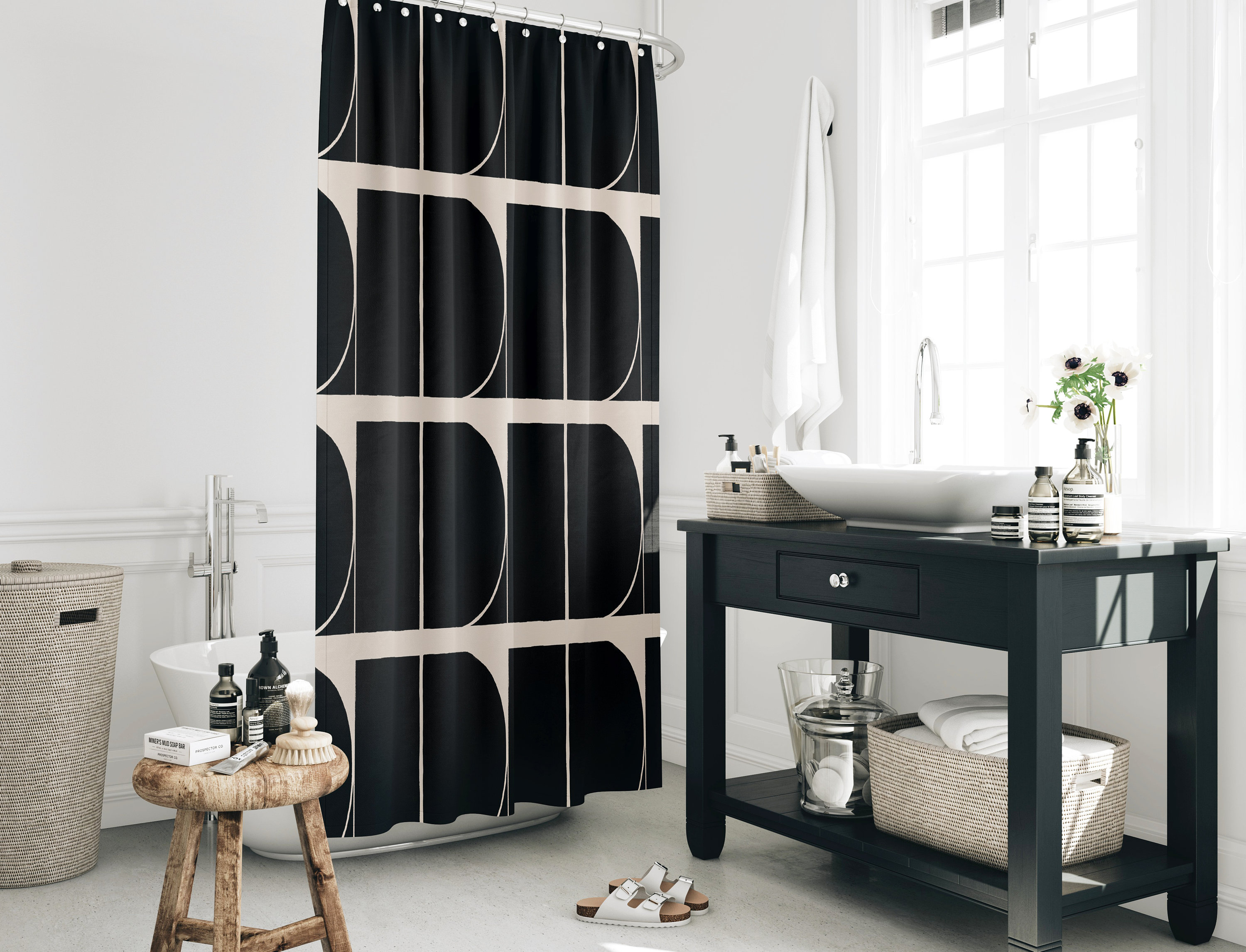 Midcentury Luxury Shower Curtains, Beige Colors Bath Curtain, Bathroom