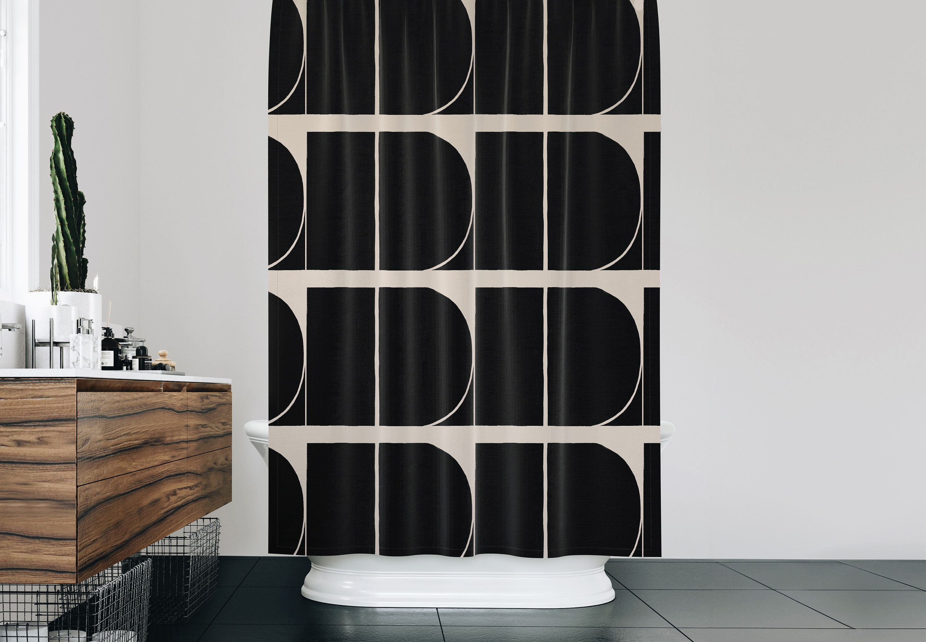 Midcentury Luxury Shower Curtains, Beige Colors Bath Curtain, Bathroom