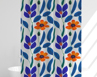 Boho Shower Curtain Blue and Orange Floral Bathroom Minimal Design Housewarming Gift Boho Wedding Gift for Couple Unique Modern Bathroom