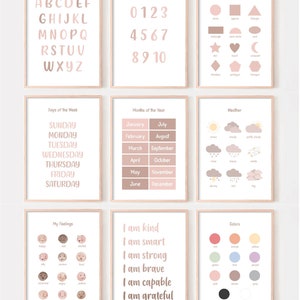 Set of 9 Educational Posters, Montessori Classroom Decor, Homeschool Prints Alphabet Chart, Boho Toddler Room Decor, Kids Playroom, Neutral