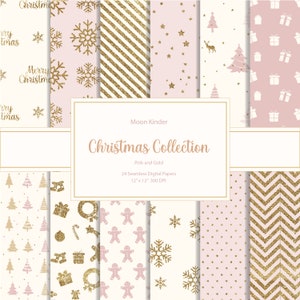 Weihnachten digitales Papier Weihnachtsbaum Scrapbook Papier Urlaub Weihnachtsmann Schneeflocken Candy Streifen Sterne rosa blush und gold