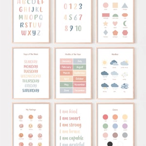 Set of 9 Educational Posters, Montessori Classroom Decor, Homeschool Prints Alphabet Chart, Boho Toddler Room Decor, Kids Playroom, Pastel