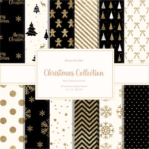 Natale carta digitale albero di natale carta scrapbook vacanze babbo natale fiocchi di neve caramelle strisce stelle bianco nero e oro