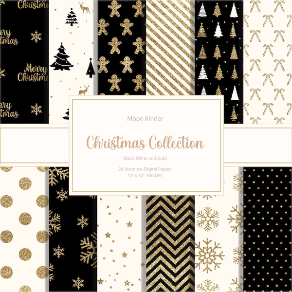 Christmas digital paper christmas tree scrapbook paper holiday santa clause snowflakes candy stripes stars white black and gold