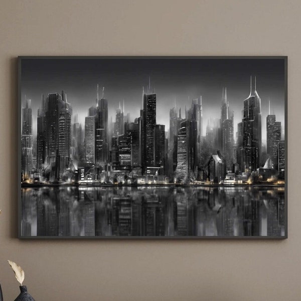 Printable Art City Scape Black & White | Digital Print | Modern | Painting | City Picture | Simple | Black White Gold