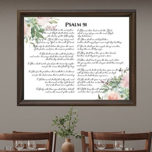 PSALM 91 King James Bible Floral Watercolor Wall Art Christian Home Decor KJV Bible Verse Inspirational Quote Scripture Printable