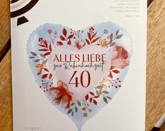 1 Folienballon Herzballon Rubinhochzeit - 43 cm -  Hochzeitstag 40 Jahre - Dekoration Rubinhochzeit