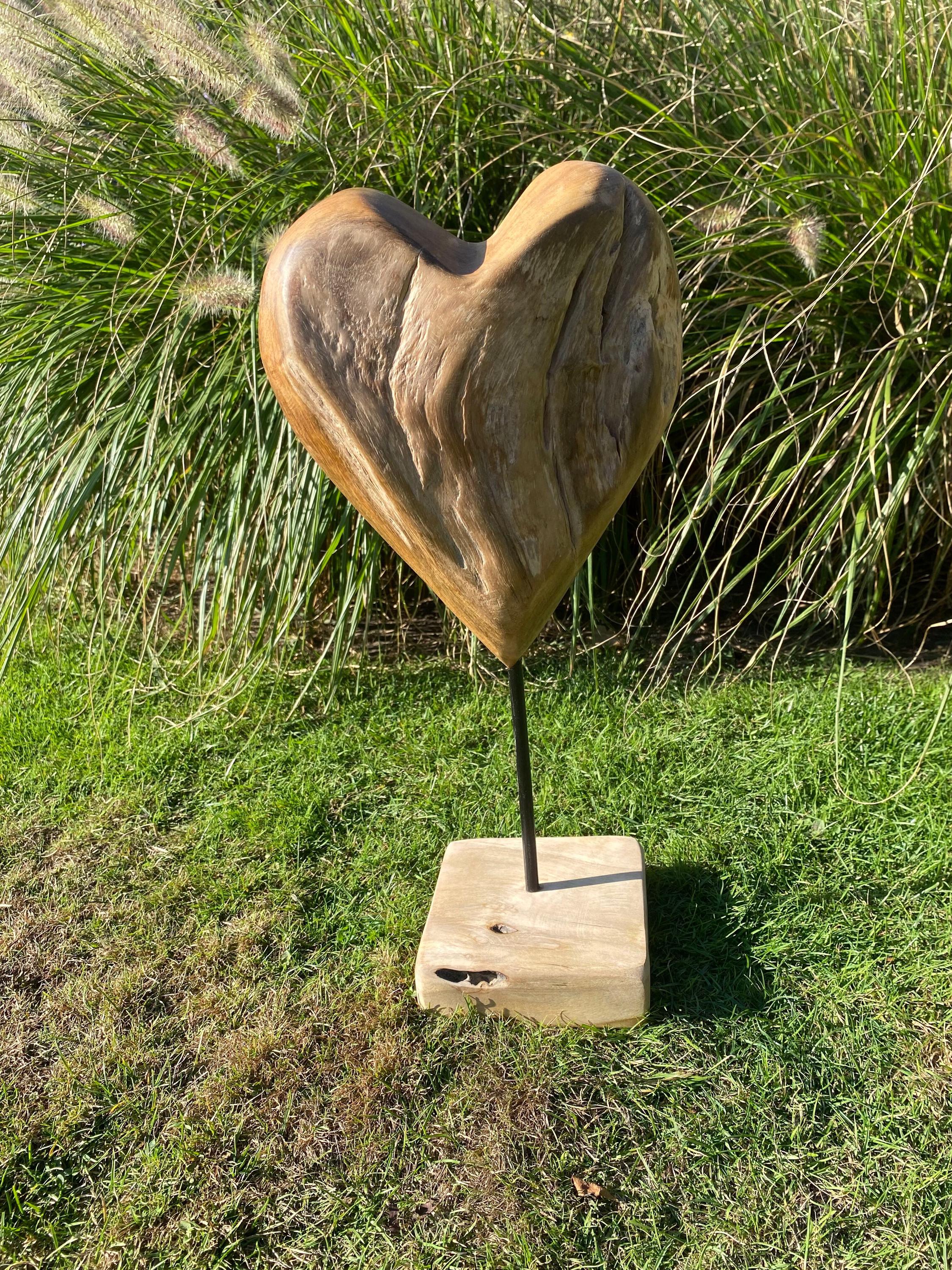 15530 - Holzherz auf Ständer - Herzskulptur - 40 cm & 20 cm - Handarbeit Teak - Herz aus Holz