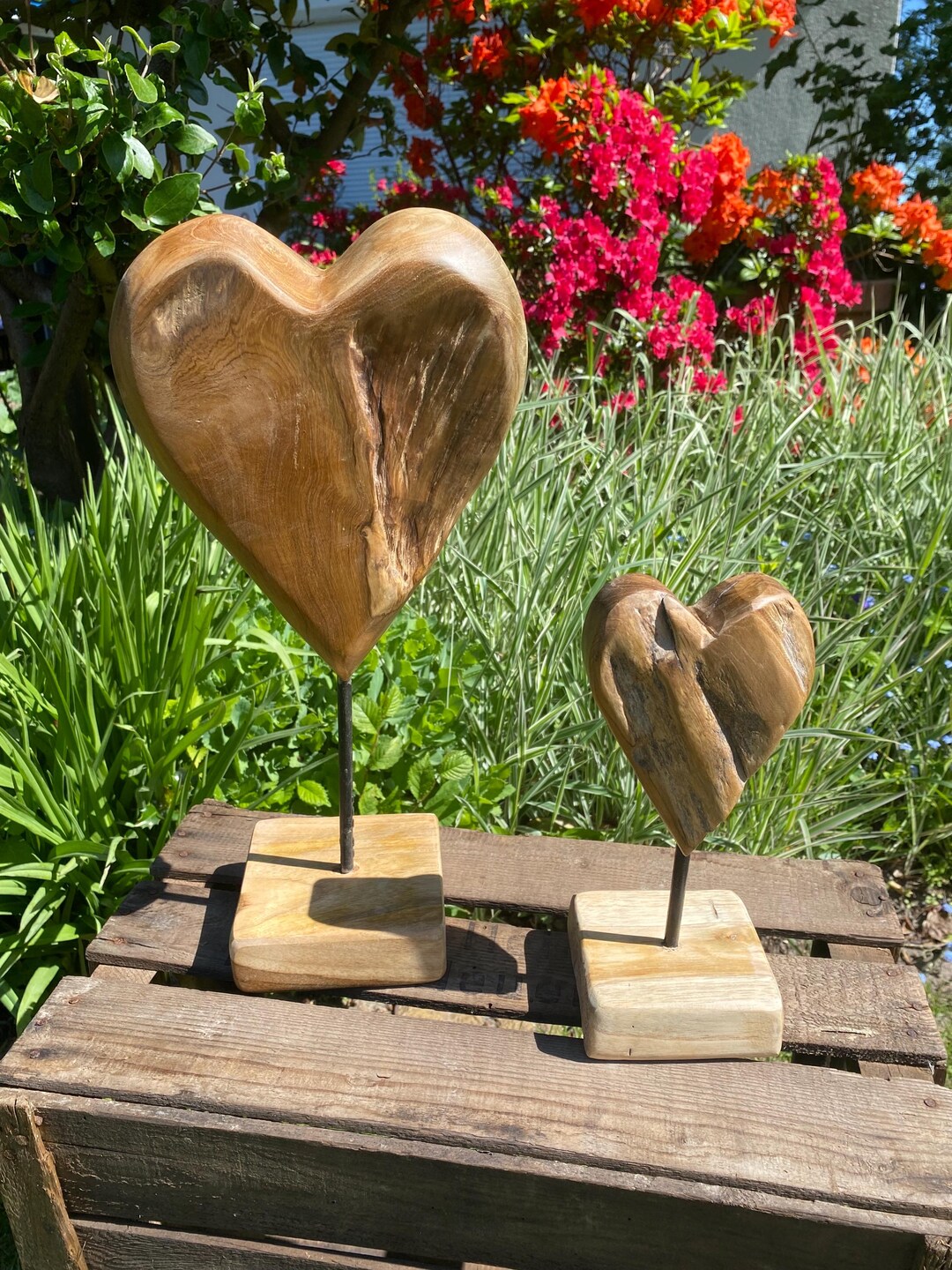 15530 - Holzherz auf Ständer - Herzskulptur - 40 cm & 20 cm - Handarbeit Teak - Herz aus Holz