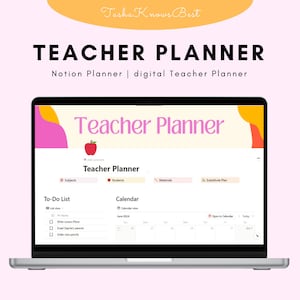 Puede incluir: Una pantalla de computadora portátil que muestra un planificador digital para maestros con el título "Teacher Planner" en un esquema de color rosa y naranja. El planificador incluye secciones para materias, estudiantes, materiales, plan de sustitución, lista de tareas pendientes y un calendario.