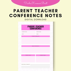 PRINTABLE Cute Parent Conference Notes, Parent-teacher conference template, Teacher meeting agenda, Parent conference form, Teacher notes