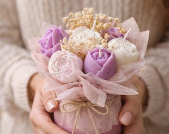 Ramo de velas florales en caja – Regalo floral artesanal de cera de soja para mamá, regalo de cumpleaños para ella, decoración estética para el hogar.