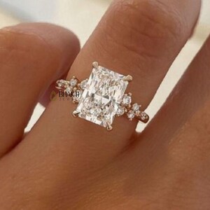 3.25 CT Elongated Radiant Cut Moissanite, Engagement Ring Unique Cluster Wedding Ring, Radiant Solitaire Ring Anniversary Gifts, Silver Ring