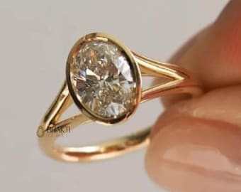 2.2 CT Oval Moissanite Engagement Ring, Bezel Set Ring, Oval Ring, Promise Ring, 14K Gold Plated Ring, Anniversary Gift For Her, Silver Ring