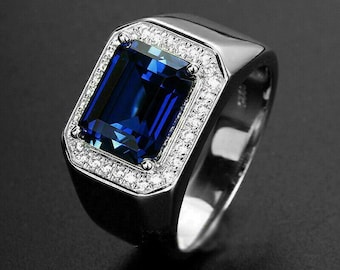 2.58 Ct Emerald Cut Blue Sapphire Men's Ring, Men's Ring, 14K White Gold, Men's Wedding Ring, Men's Jewelry, Gift For Father, Custom Ring