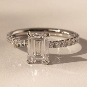 Engagement Moissanite Women&#39;s Ring, 14K White Gold Plated, Wedding Solitaire With Accents Ring, 2.2 Ct Emerald Moissanite, Personalized Gift