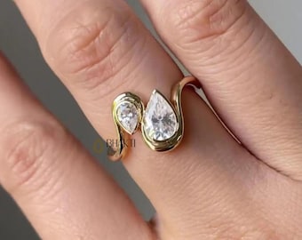 Toi et Moi Ring, Pear Cut Moissanite Diamond Ring, 10K Gold Plated Bypass Engagement Ring, Two Stone Promise Ring, Anniversary Gift For Her