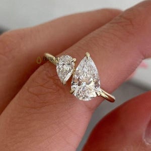 Toi Et Moi Hochzeit Ring, Birnenschliff Moissanite Verlobungsring, Zwei Stein Jahrestagsgeschenk, 14K Vergoldet, Brautring, Frauen Diamant Ring
