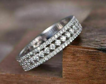 Pave Set Wedding Band, Half Eternity Diamond Band, 1.5 Ct Round Cut Diamond, 14K White Gold, Anniversary Gift For Wife, Gift For Mom